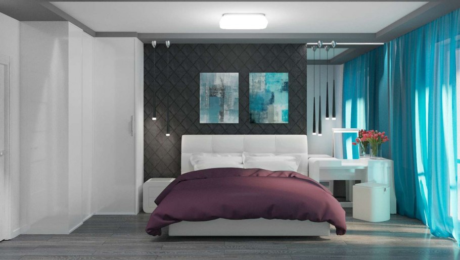 Спальня в серых тонах с яркими акцентами
