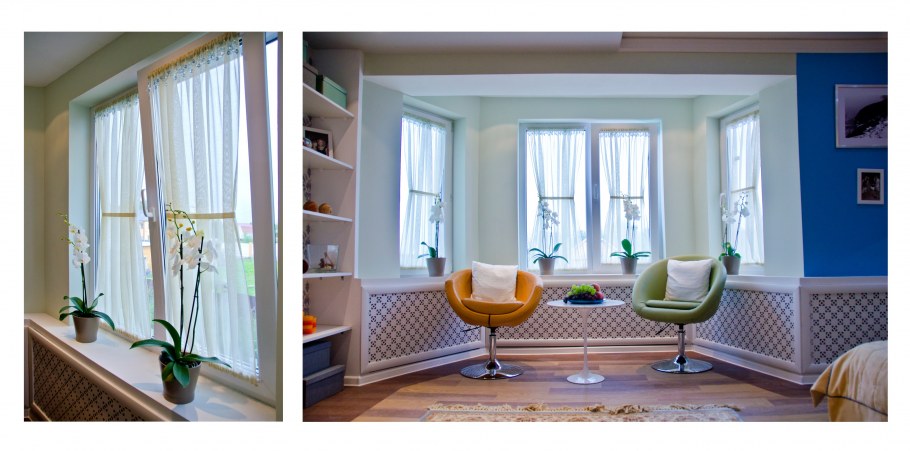 Шторы песочные часы в эркере