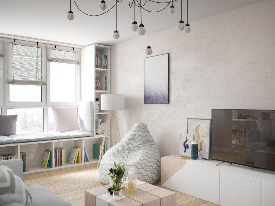 Гостиная без окон в скандинавском стиле