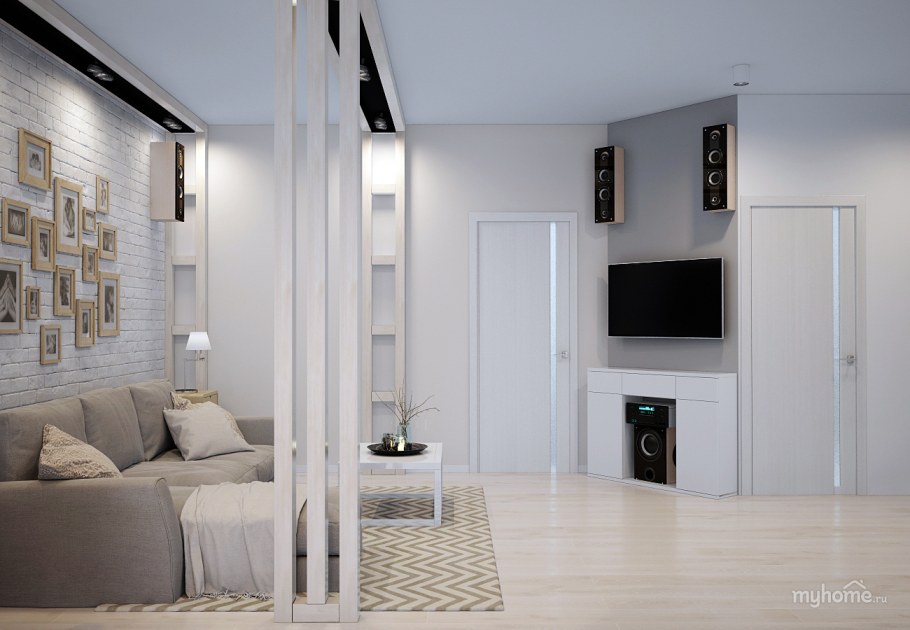 Гостиная в скандинавском стиле c рабоим местом