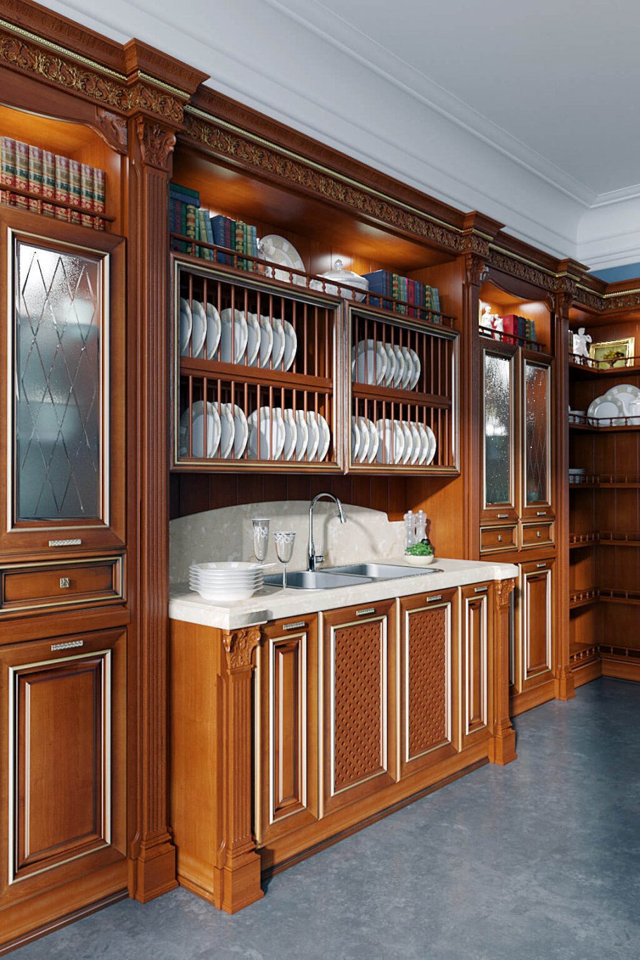 Кухня классика светлая с золотой патиной