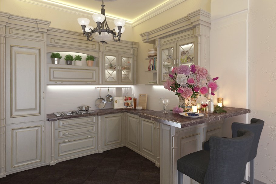 Кухонный гарнитур в интерьере с потолочным карнизом