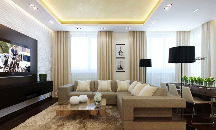 Гостиная в современном стиле в трехкомнатной