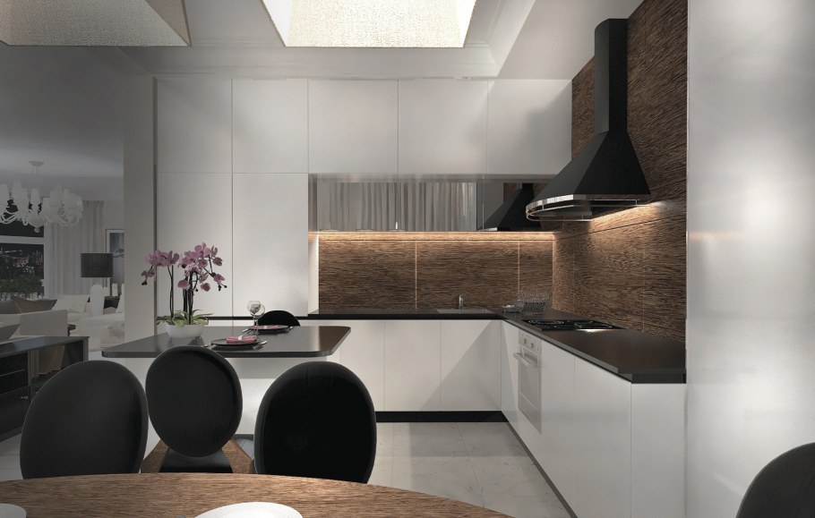 Белая кухня с медовым столещн