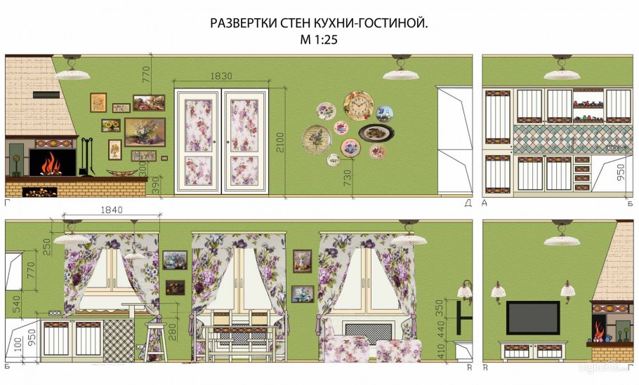 Развертки стен в гостиной интерьер