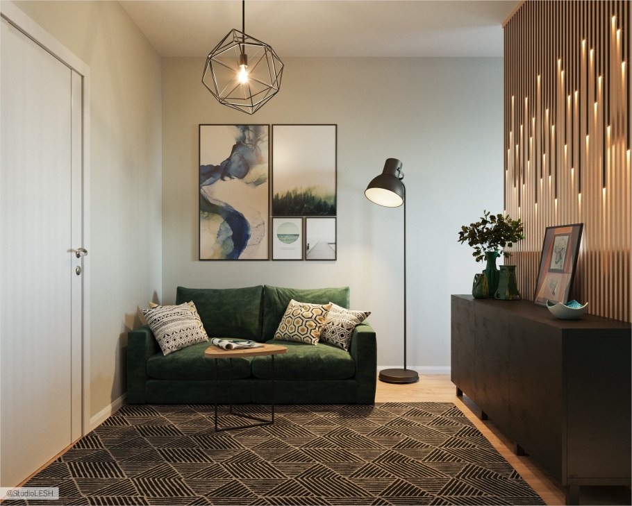 Зеленый диван в скандинавском интерьере