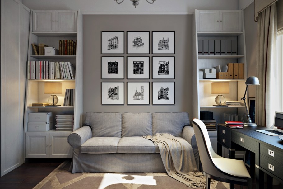 Интерьер домашнего кабинета с диваном