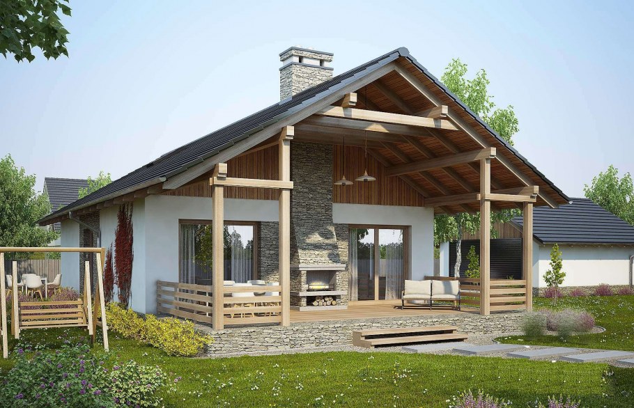 Одноэтажный дом Шале с террасой проекты