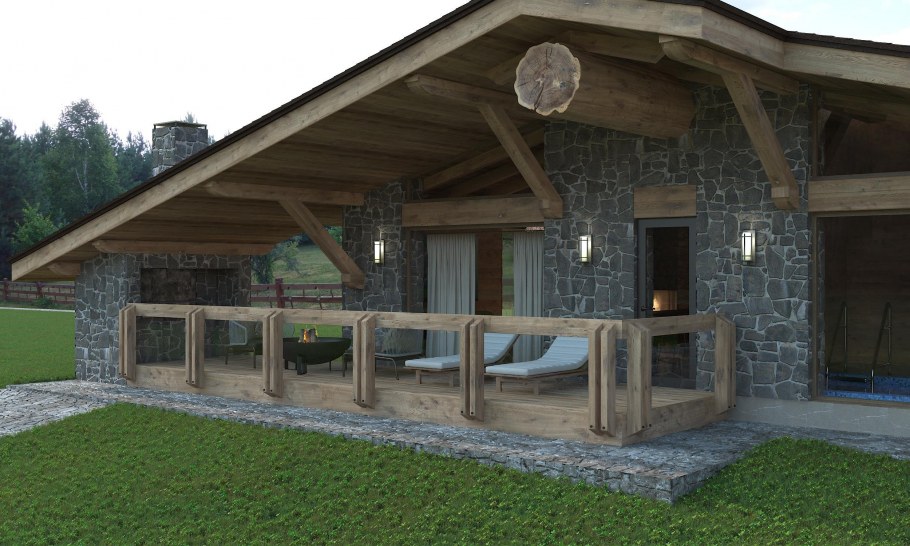 Проект дом баня в стиле Шале