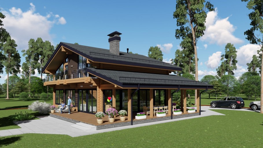 Одноэтажный дом с большой террасой в стиле Шале