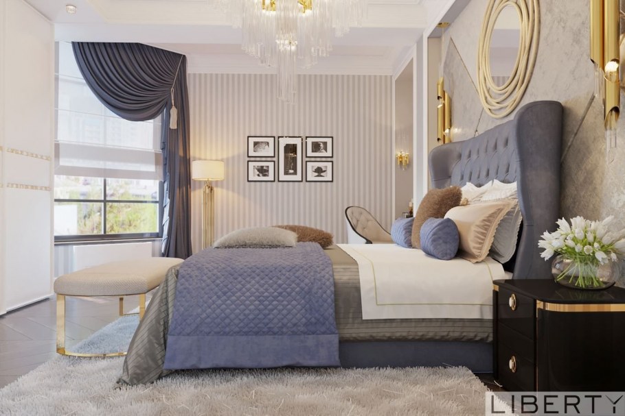 Спальня в серо голубом цвете дизайн проект