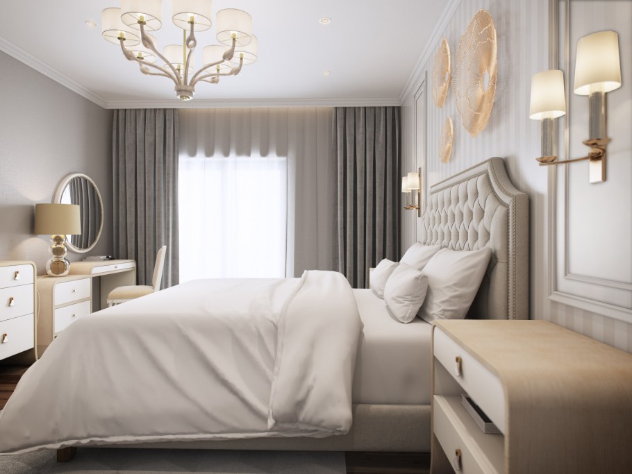 Дизайн спальни в сером цвете с декоративной штукатуркой