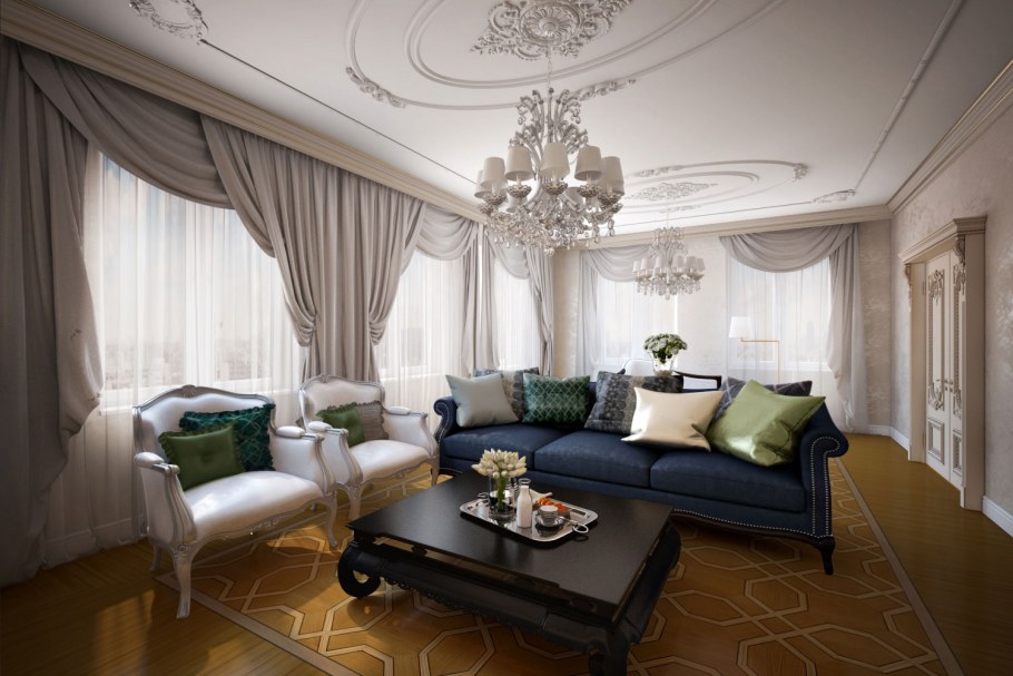 Натяжные потолки в классическом стиле в гостиной