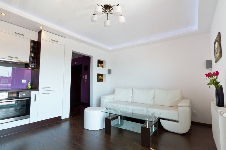 Кухня гостиная с темным полом и светлыми стенами