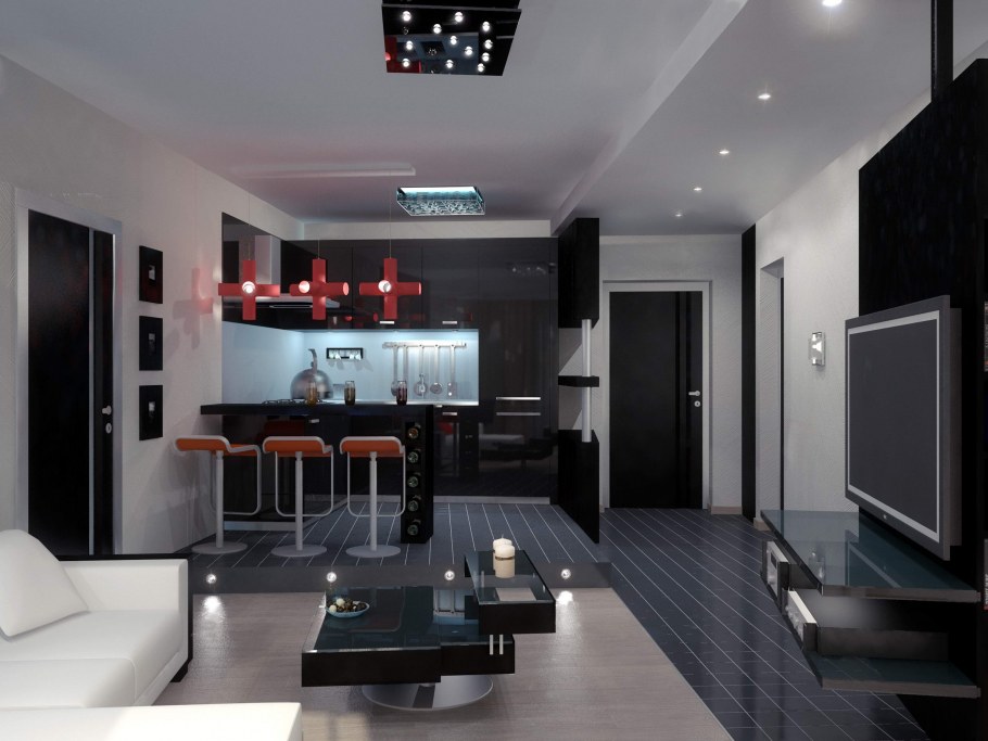 Кухня-гостиная в черно-белых тонах