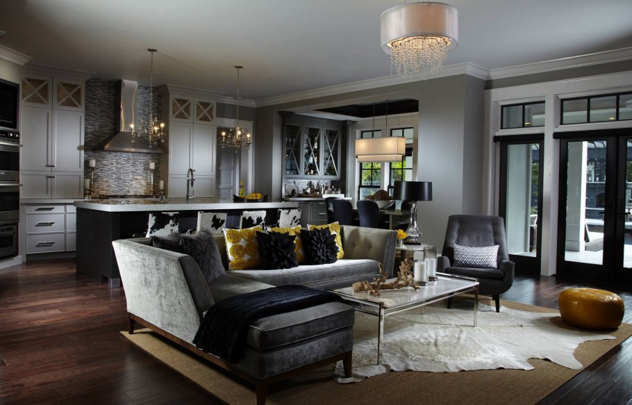 Шикарная современная гостиная с кухней в темных цветах