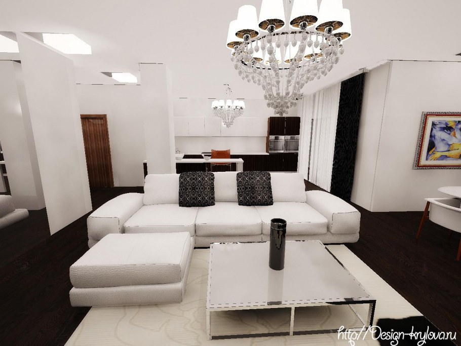 Кухня-гостиная 25 кв.м в черно белых тонах