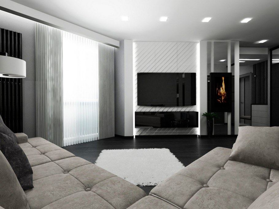 Интерьер гостиной в квартире с белыми шкафами и темным полом