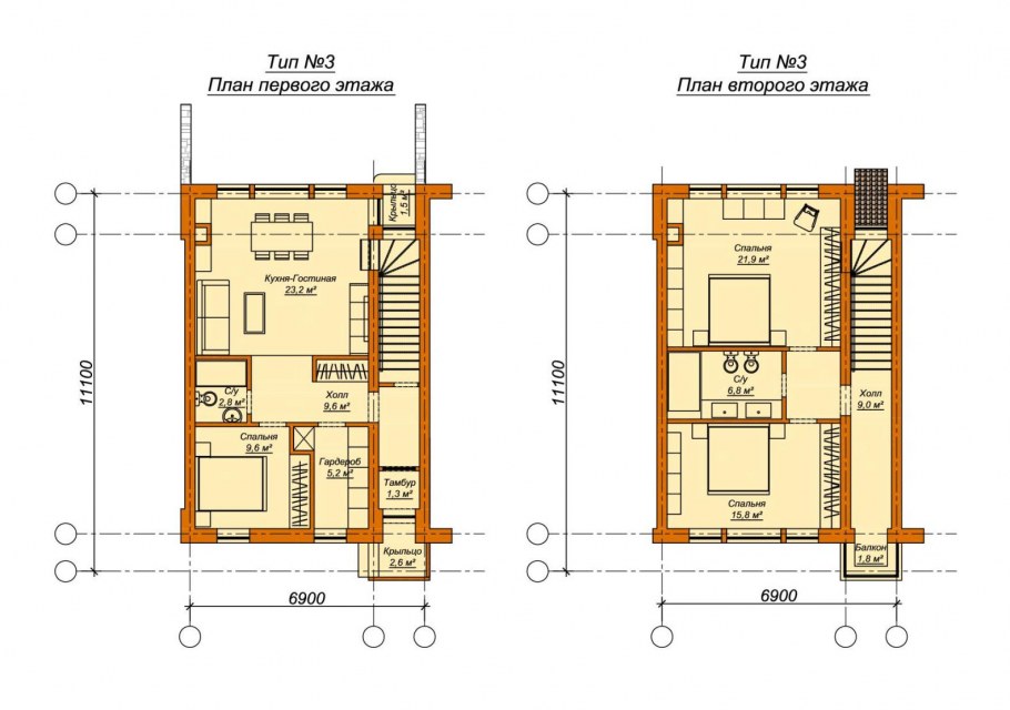 Планировка двухэтажного таунхауса 160м2