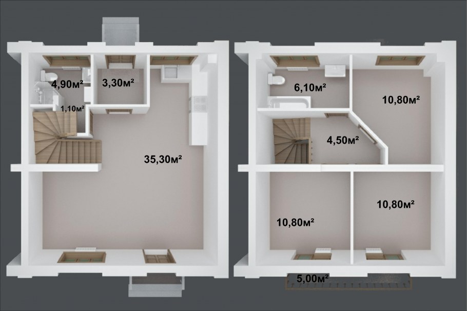 Планировка двухэтажного таунхауса 80 кв.м