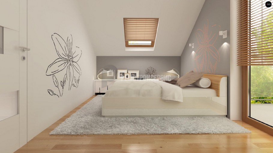 Спальня с мансардной крышей в светлых тонах