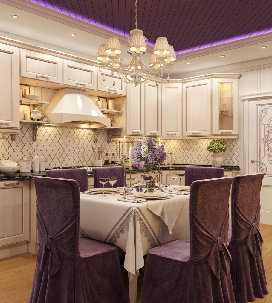 Фиолетовая кухня какие обои и шторы