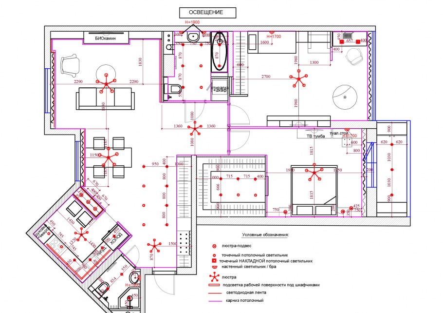План освещения комнаты чертеж