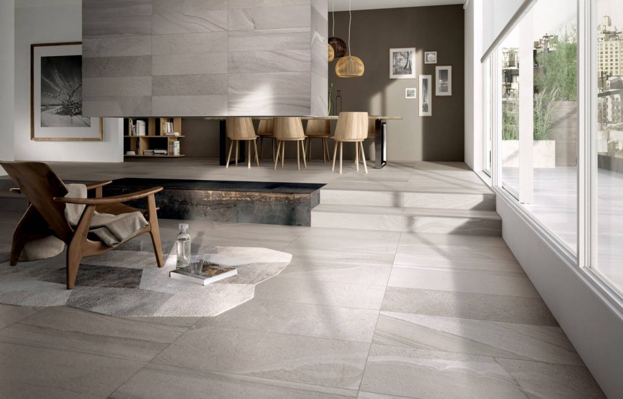 Плитка под бетон в интерьере кухни