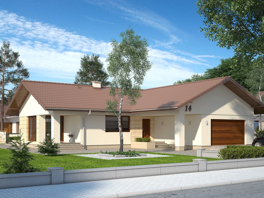 Одноэтажный дом с гаражом и террасой планировка