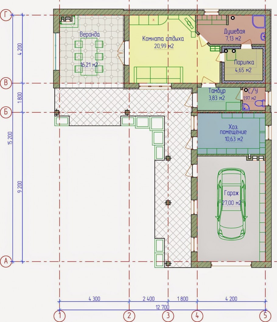 Г-образный дом одноэтажный с террасой