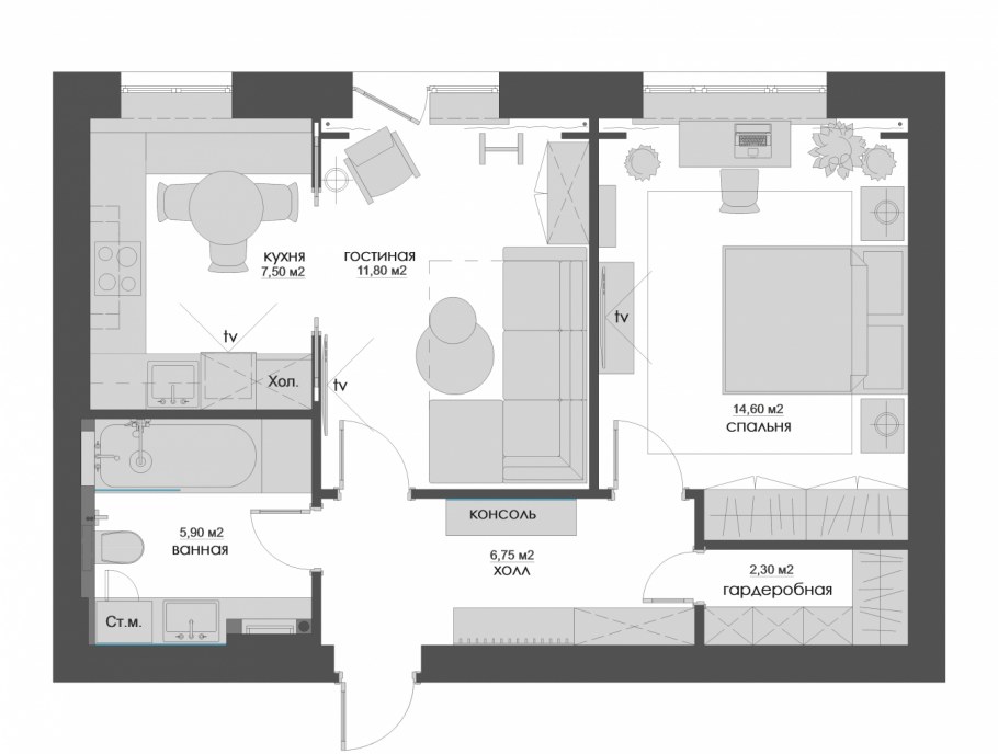 План кухни гостиной