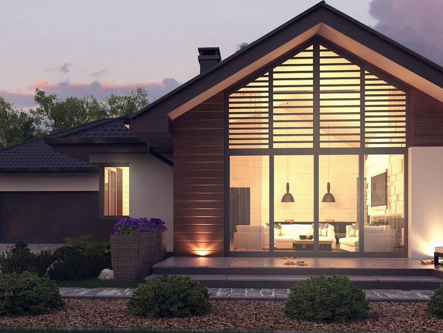 Одноэтажный дом с панорамным остеклением