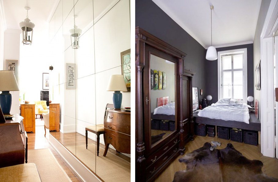 Узкая длинная комната с зеркалами