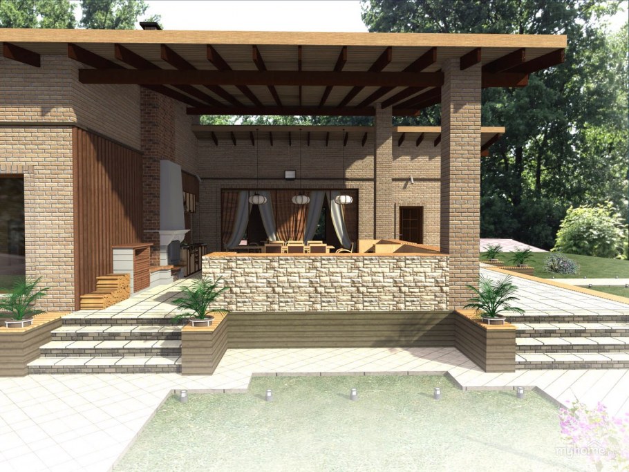 Зона барбекю на веранде бани