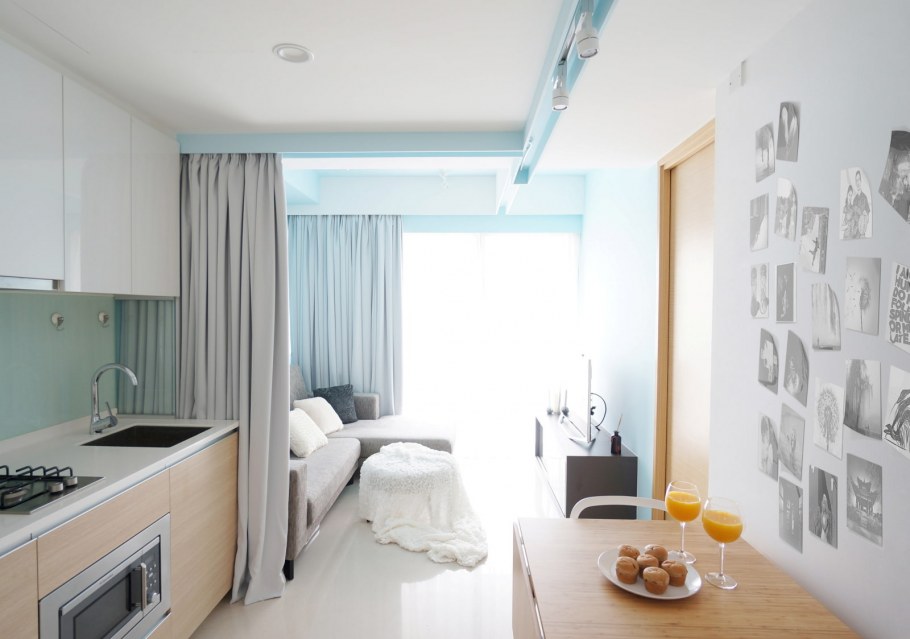 Зонирование студии шторами 30 кв.м