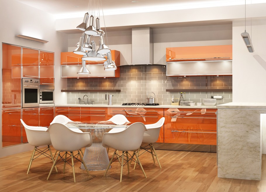 Оранжевые обои на кухне в интерьере