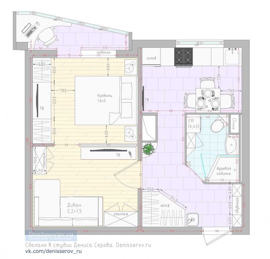 Планировка п44т однокомнатная