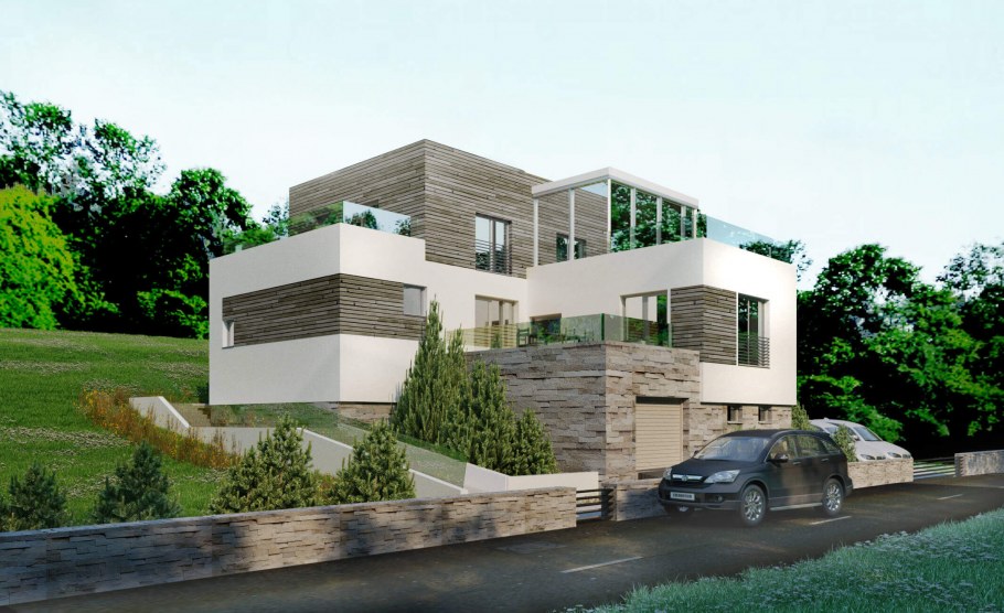 Трехэтажный дом с плоской крышей