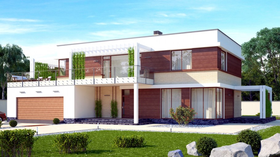 Двухэтажный дом с плоской крышей