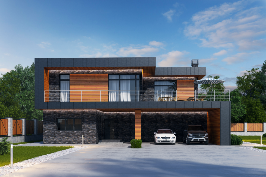 Дом с плоской крышей и навесом