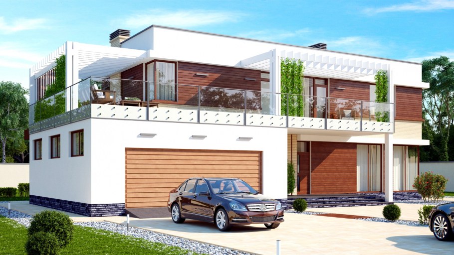 Двухэтажный дом с плоской крышей и гаражом