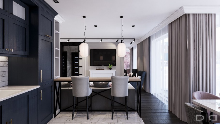 Кухня Неоклассика темная с элементами лофта и шторами