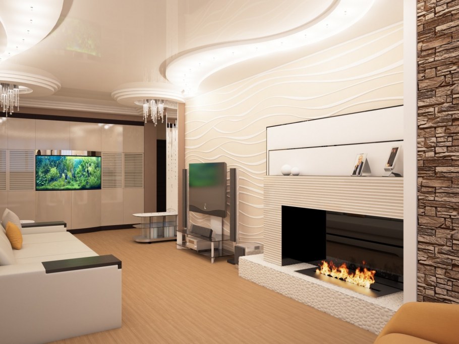 Гостиная с электрическим камином в современном стиле