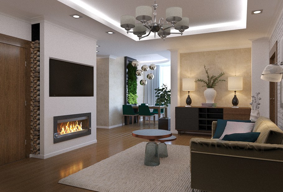 Уютная гостиная с угловым камином