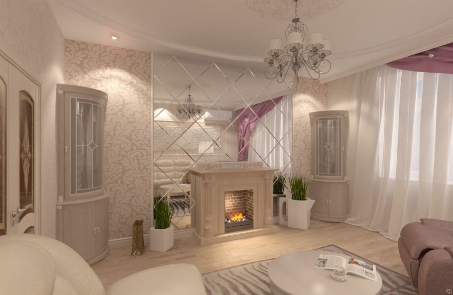 Зеркальная плитка в интерьере гостиной