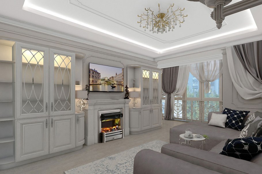 Гостиная с камином в углу