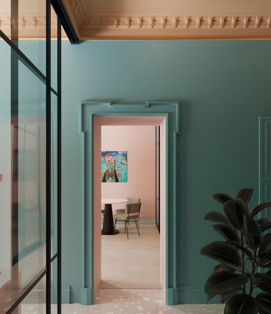 Фотообои в прихожей бирюзовые стены