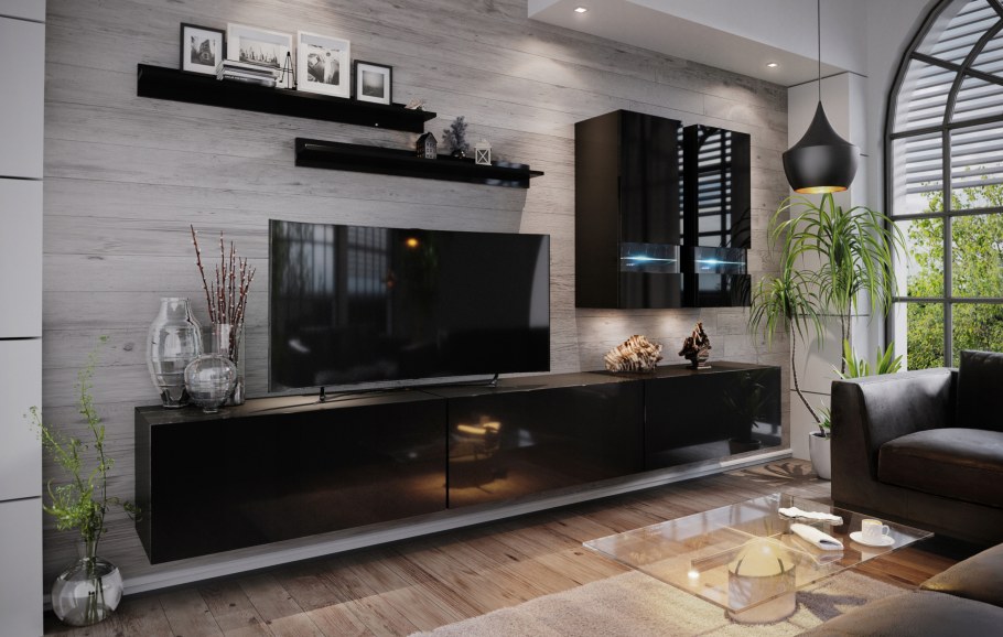 Черная стенка в интерьере гостиной