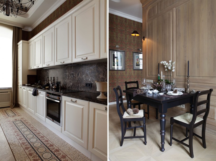 Классическая светлая кухня с темной столешницей