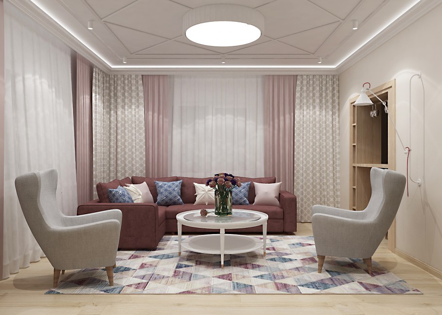 Пыльная роза в интерьере гостиной